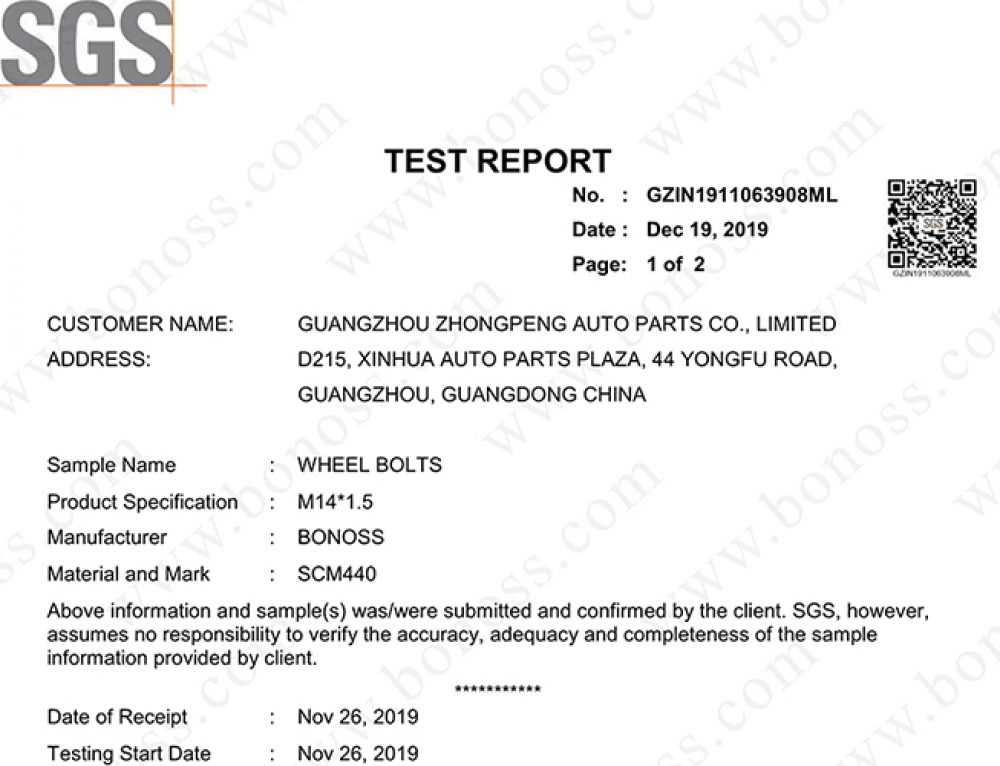SGS Test Report for BONOSS Shell type Wheel Bolts M14x1.25 Chemical