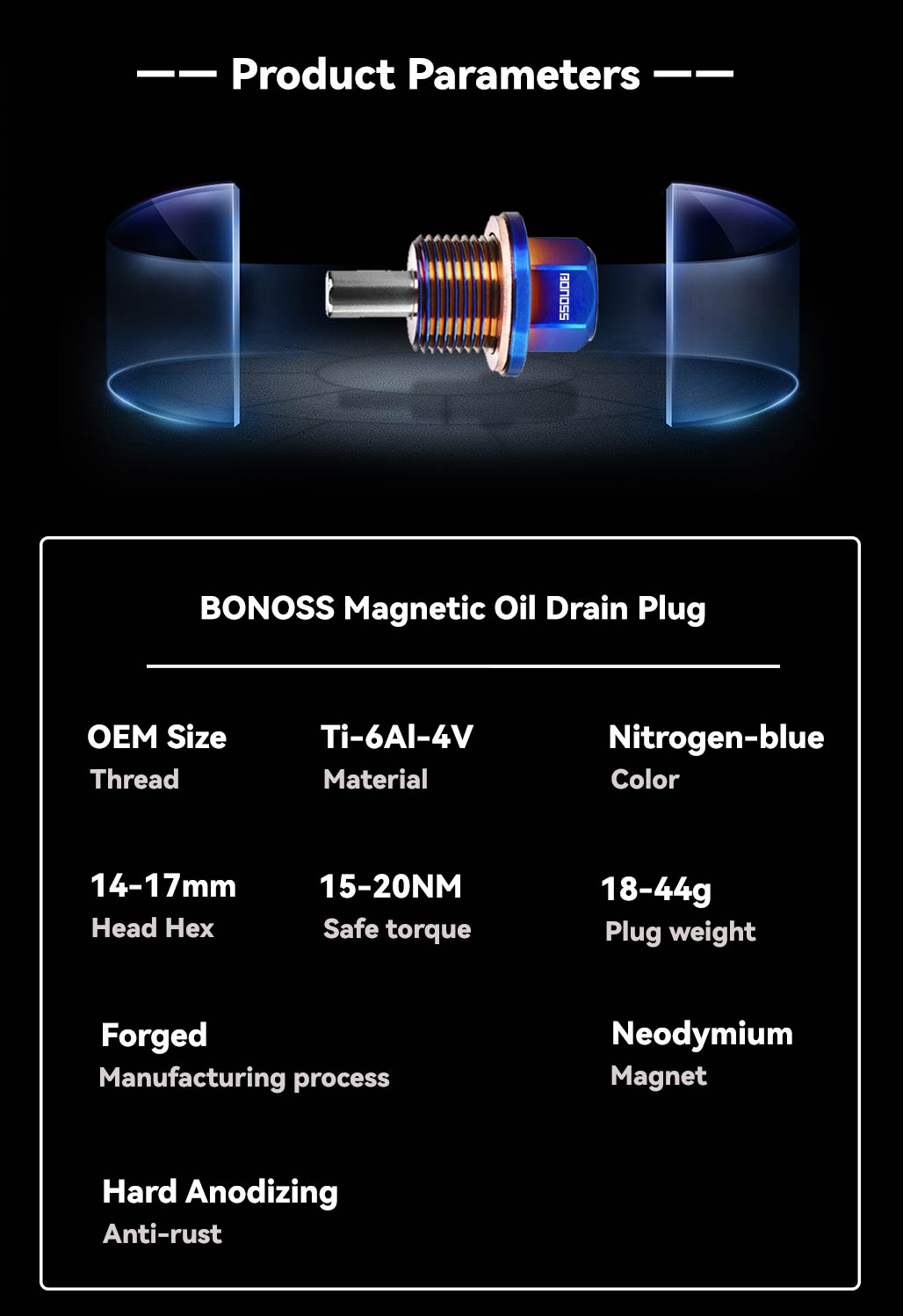 BONOSS Forged Titanium Magnetic Oil Drain Plug High Performance Magnetic M12x1.25 Oil Plug Safest Magnet Plugs