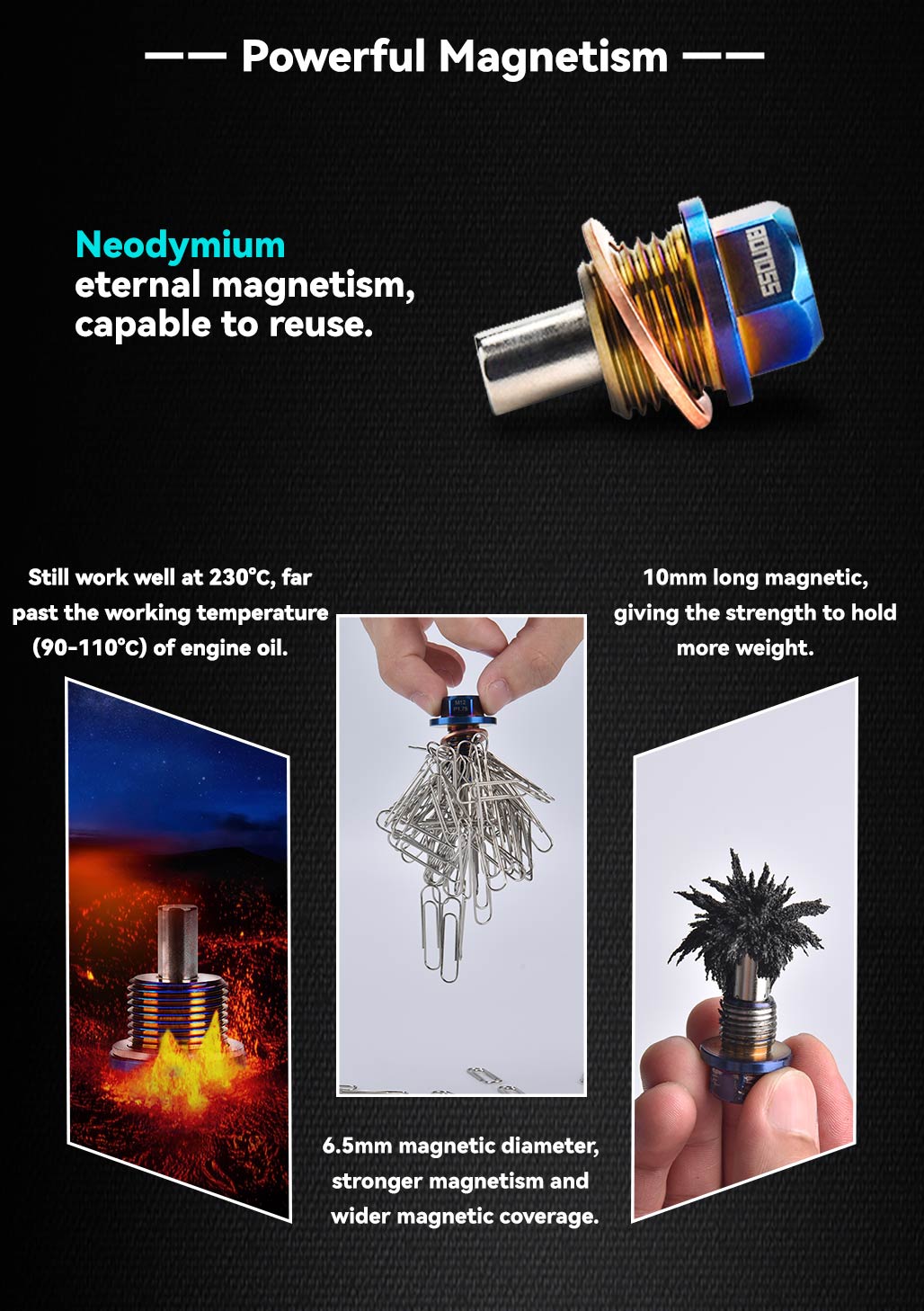 BONOSS Forged Titanium Magnetic Oil Drain Plug High Performance Magnetic 6.5mm Oil Plug Safest Magnet Plugs Head Size