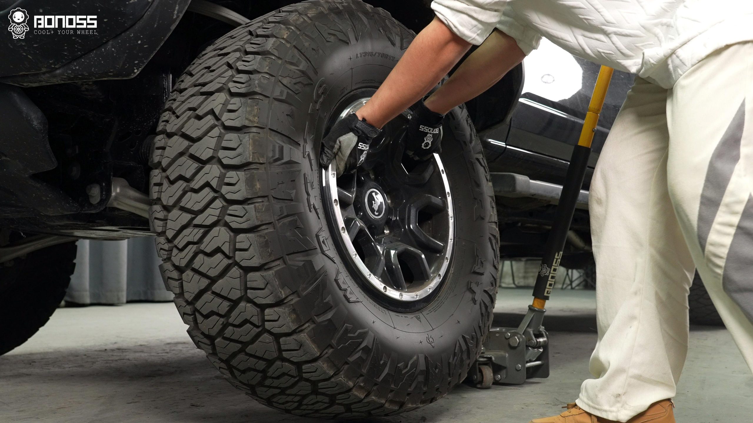 BONOSS Forged Active Cooling Hubcentric Bronco Wheel Spacers Installation Steps (1) A man is removing a wheel from a Bronco car