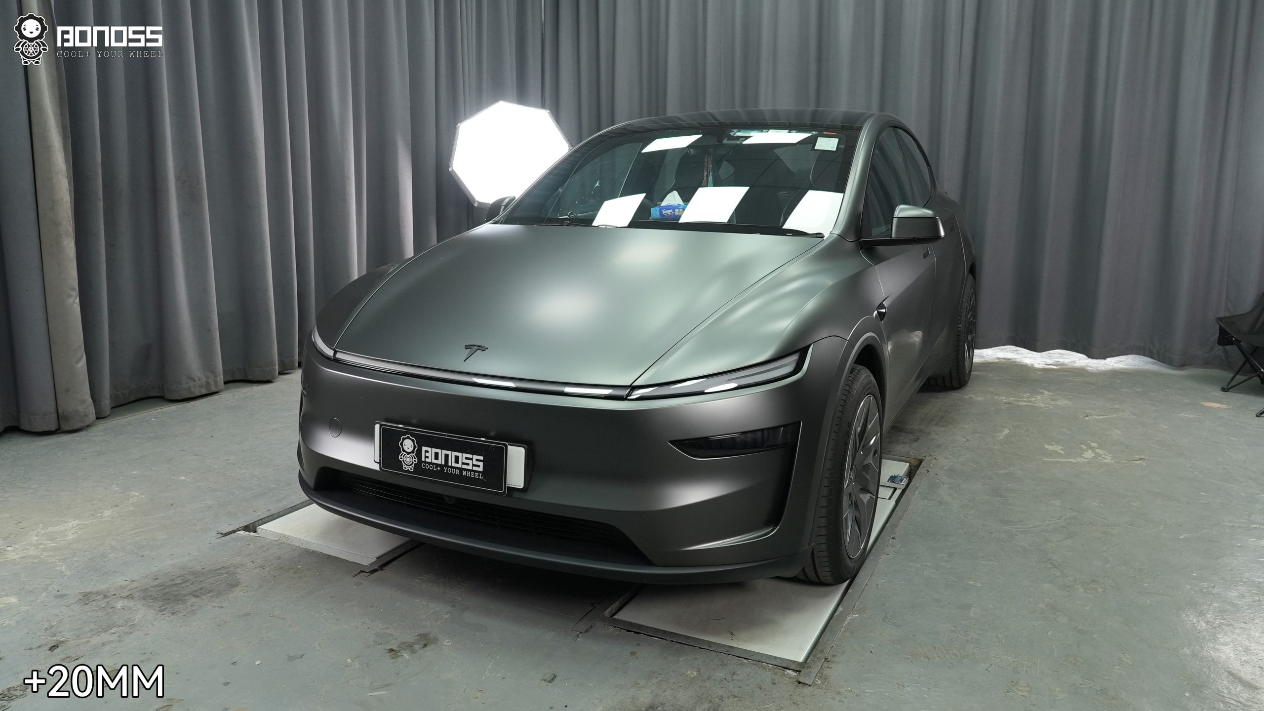 2026-tesla-model-y-after-wheel-spacers-side-view 2026 Tesla Model Y flush stance after BONOSS 20mm wheel spacers