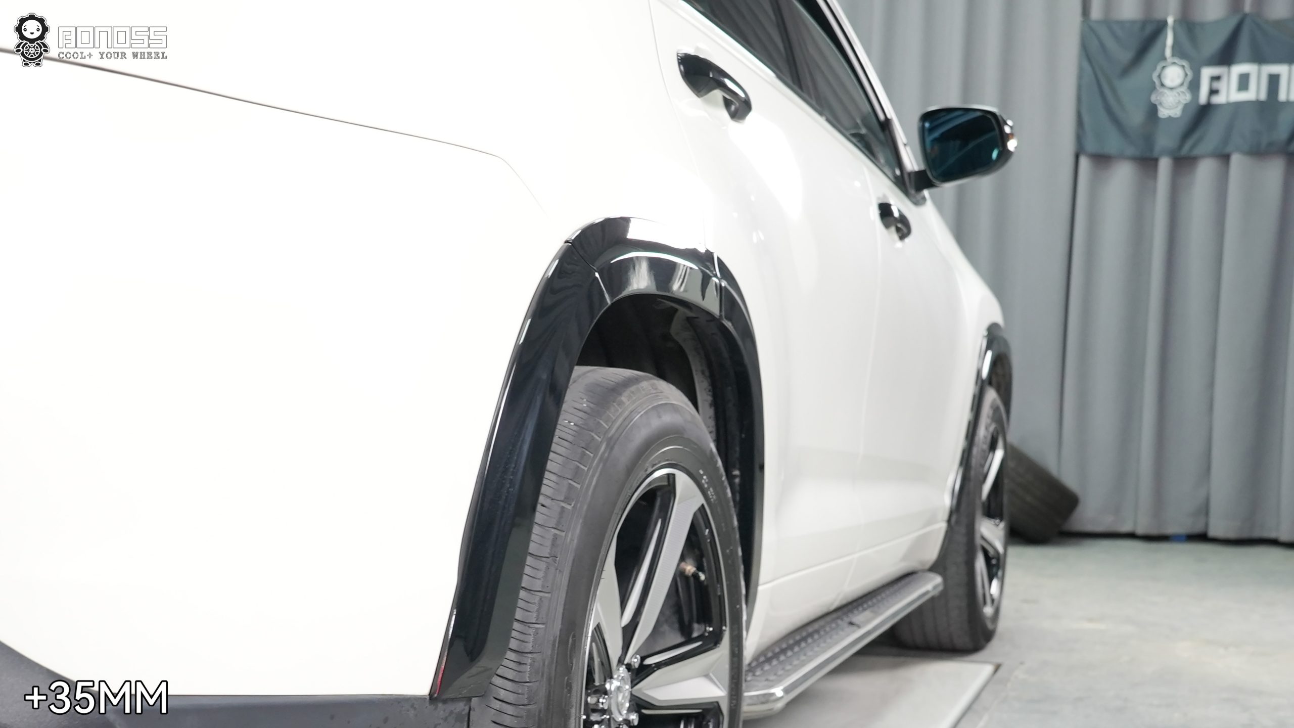 highlander-right-rear-wheel-after-spacers Right rear wheel of 2018 Toyota Highlander after 35mm wheel spacers showing flush fitment