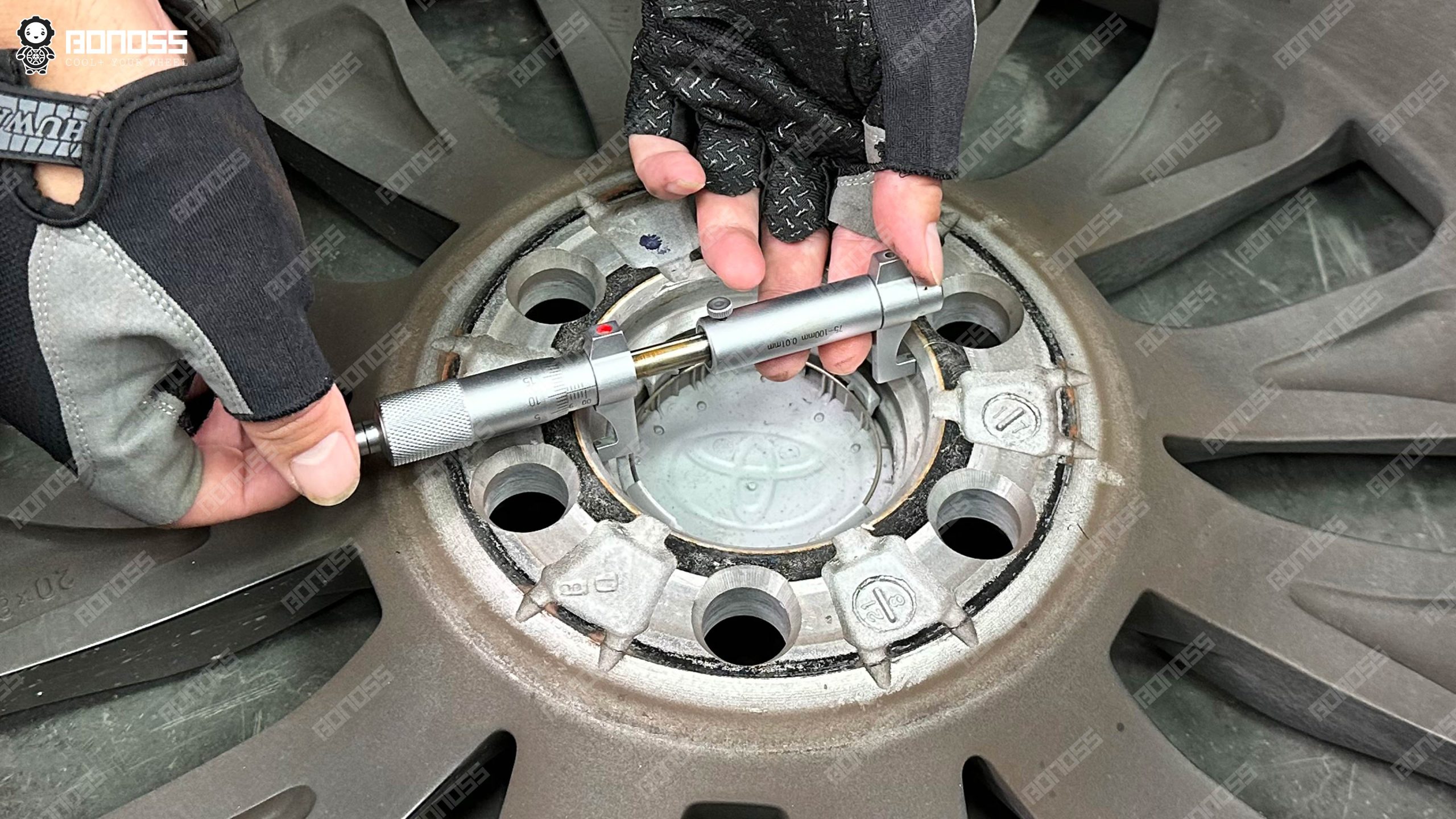 2022-toyota-lc300-wheel-center-bore-micrometer Micrometer measuring wheel center bore diameter for 2022 Toyota LC300 spacer fitment