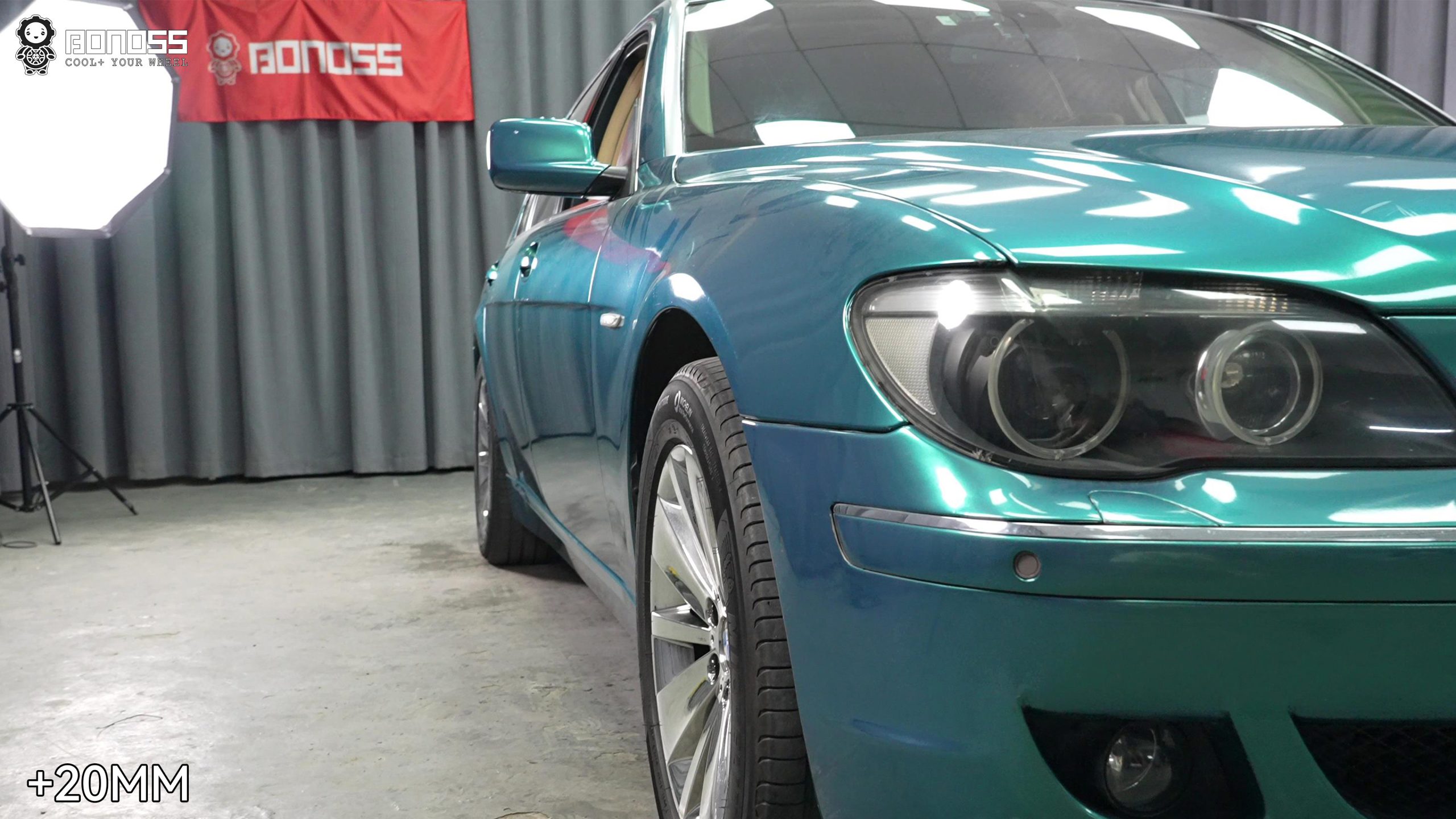 bmw-e65-left-front-wheel-after-20mm-spacers 2005 BMW E65 left front wheel after 20mm BONOSS lightweight plus spacers flush stance