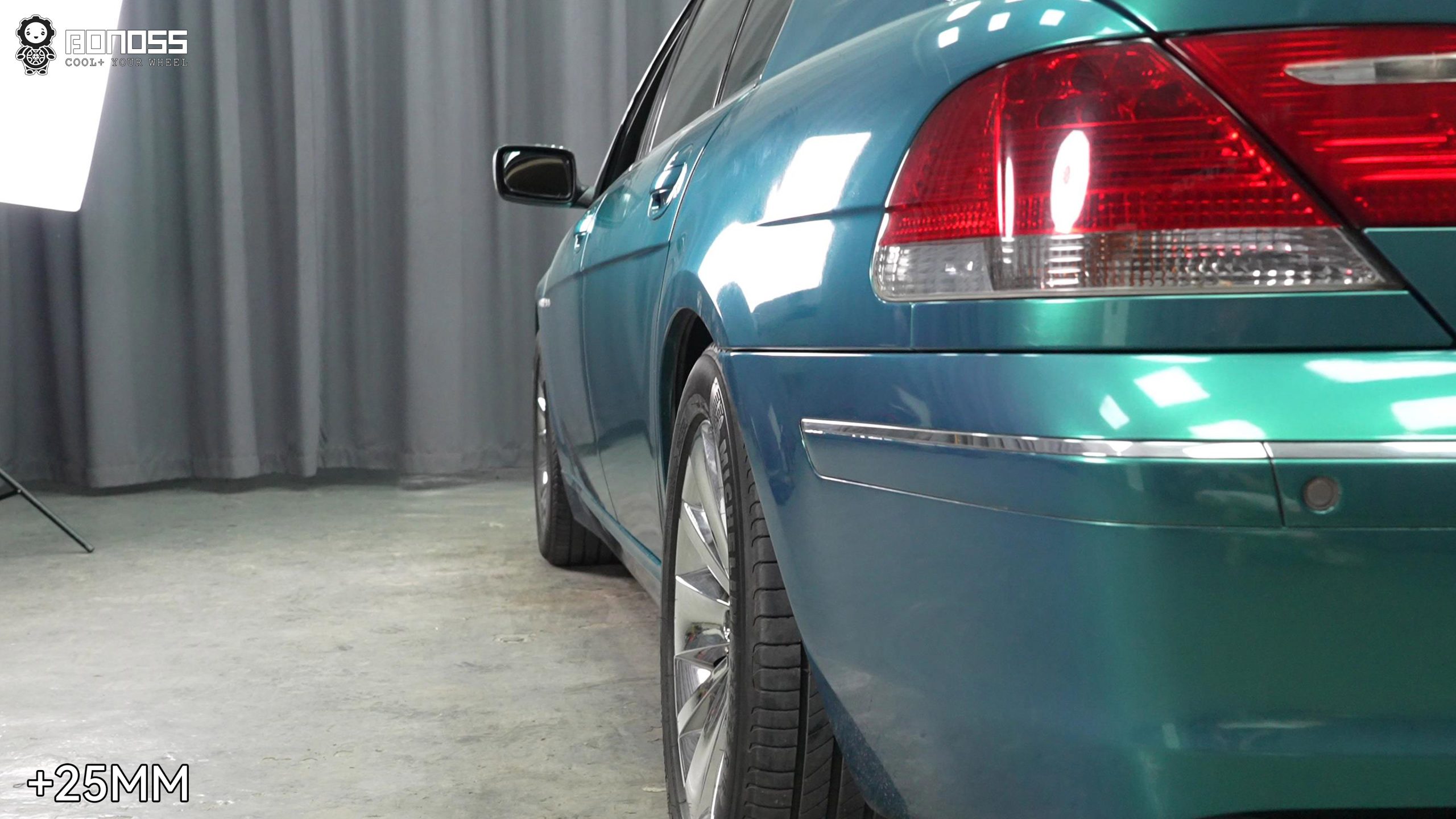 bmw-e65-left-rear-wheel-after-spacers 2005 BMW E65 left rear wheel after 25mm BONOSS active cooling spacers flush stance