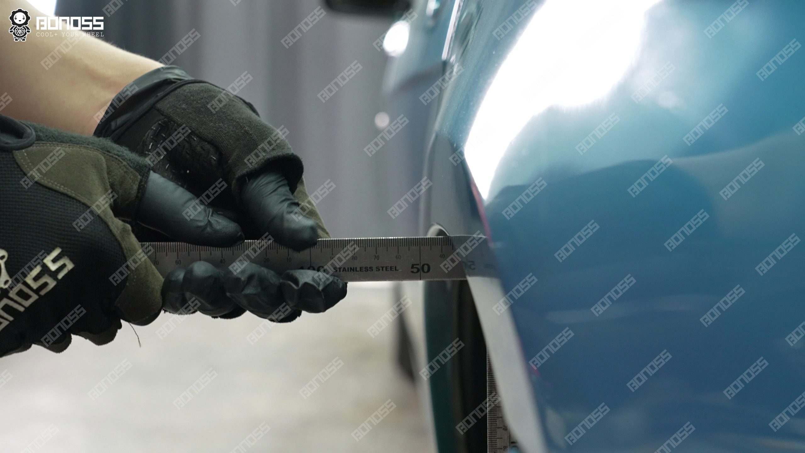 bmw-e65-rear-left-flush-thickness-ruler Measuring BMW E65 left rear wheel flush spacer thickness with high-accuracy ruler