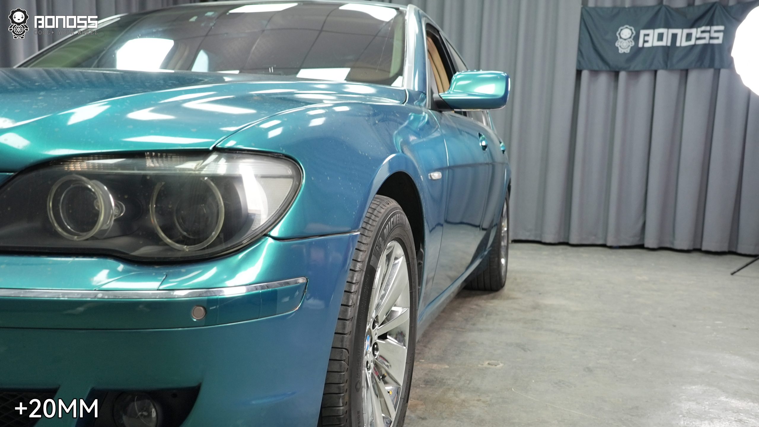 bmw-e65-right-front-wheel-after-spacers 2005 BMW E65 right front wheel after 20mm BONOSS lightweight plus spacers flush stance
