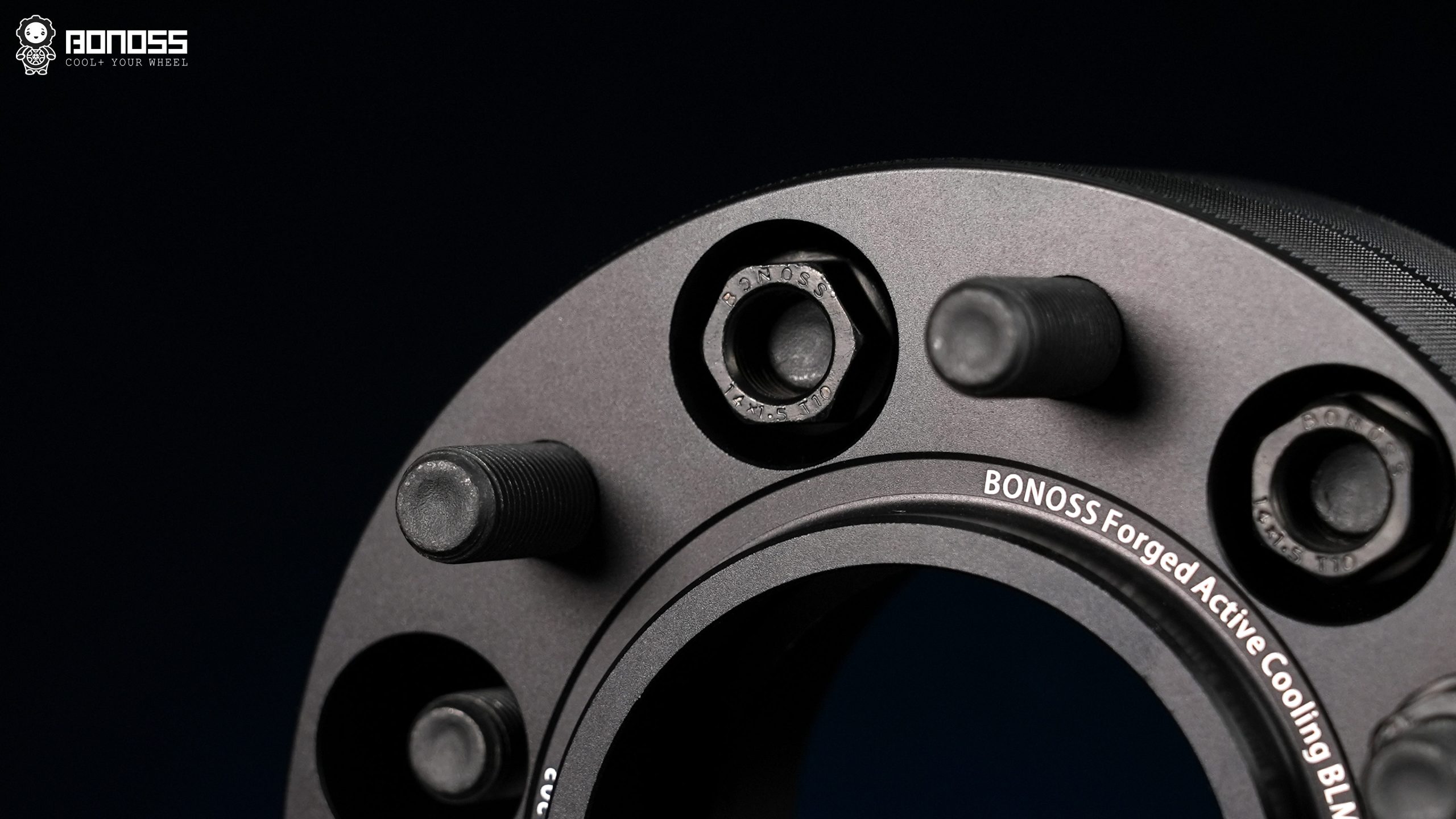 bonoss-active-cooling-wheel-spacers-studs-nuts-closeup BONOSS forged active cooling wheel spacers with ISO grade 12.9 wheel studs and grade 10 nuts