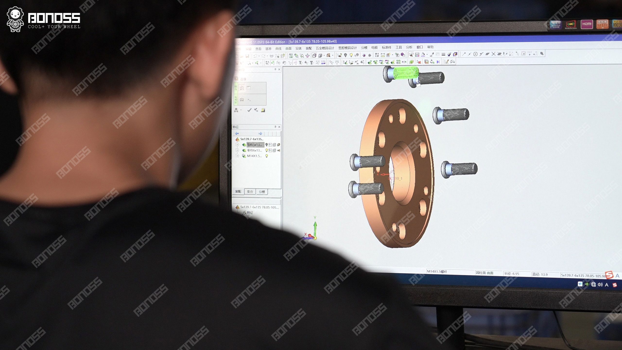 bonoss-engineer-cad-design-wheel-spacers BONOSS engineer designing vehicle-specific wheel spacers at CAD workstation