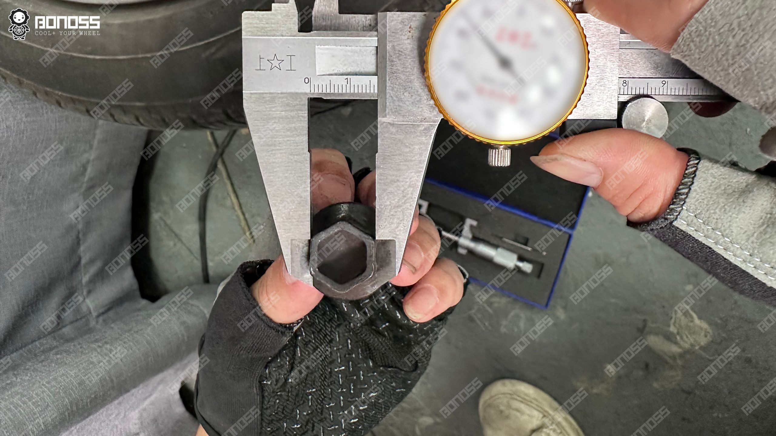 porsche-cayenne-wheel-bolt-hex-caliper-17mm Vernier caliper verifying the 17mm hex on a stock M14x1.5 Cayenne wheel bolt