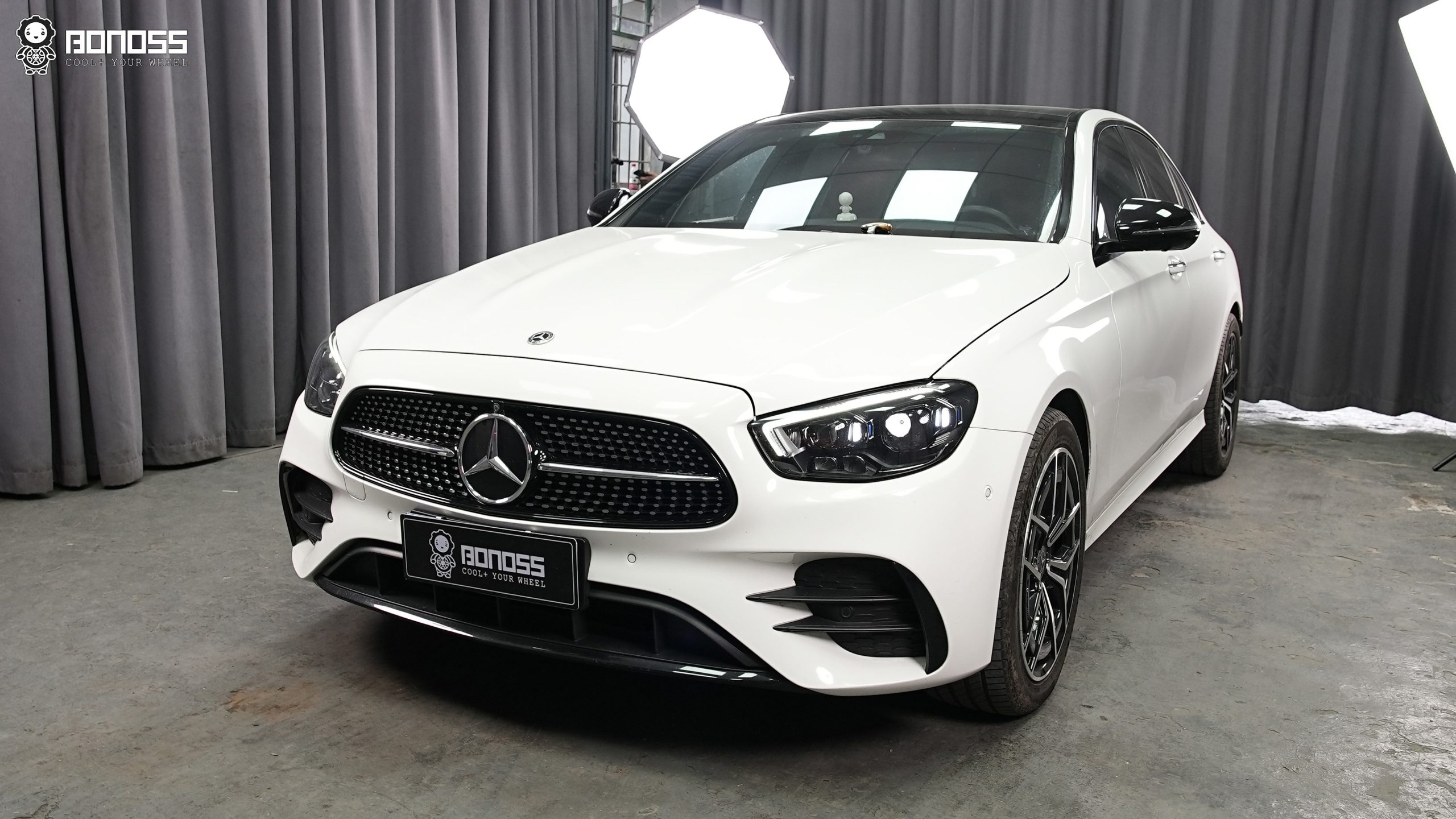 2021-mercedes-benz-e-class-flush-stance-after-15mm-spacers-front-right Front-right view of a finished 2021 Mercedes-Benz E-Class with all four wheels flush to the fenders.