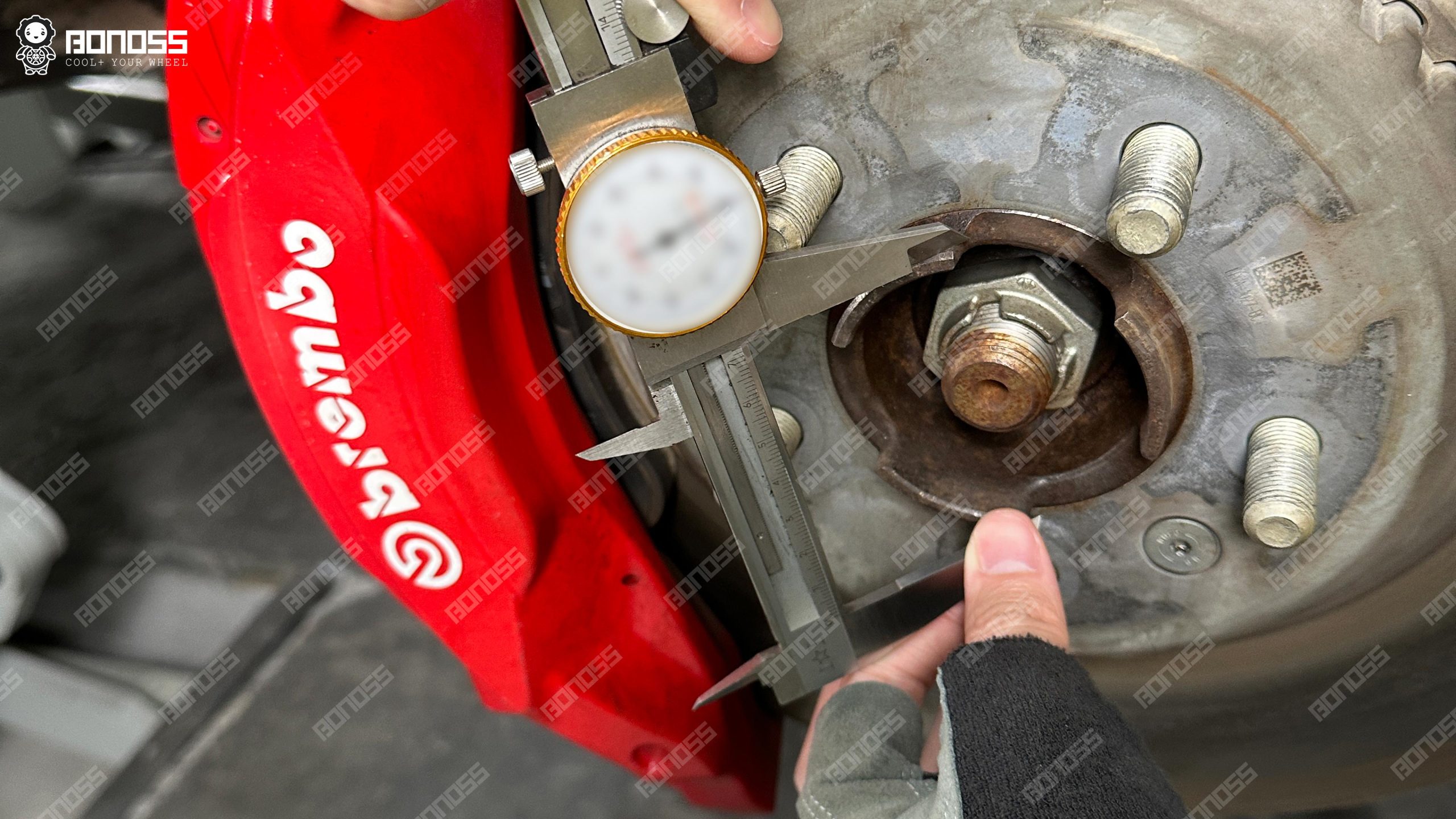 2023-land-rover-defender-35mm-wheel-spacers-hub-center-bore-vernier Measurement device captures the axle-side centering diameter for proper 2023 Land Rover Defender 35mm wheel spacers hub-centric engagement.