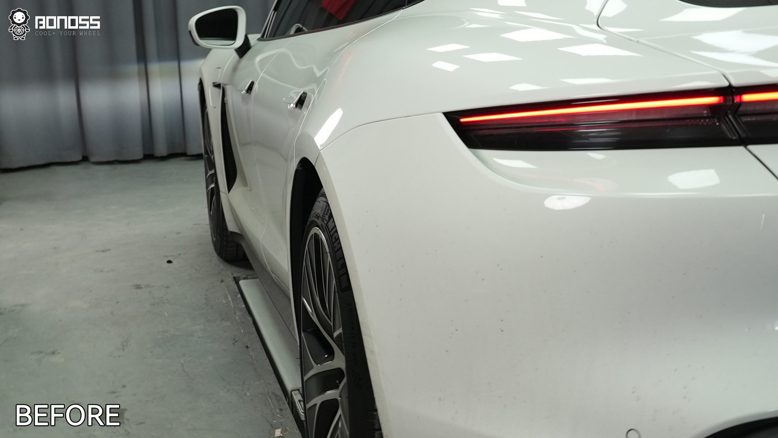 2023-porsche-taycan-rear-left-wheel-before-spacer-install Rear-left wheel before spacer install on the 2023 Porsche Taycan.