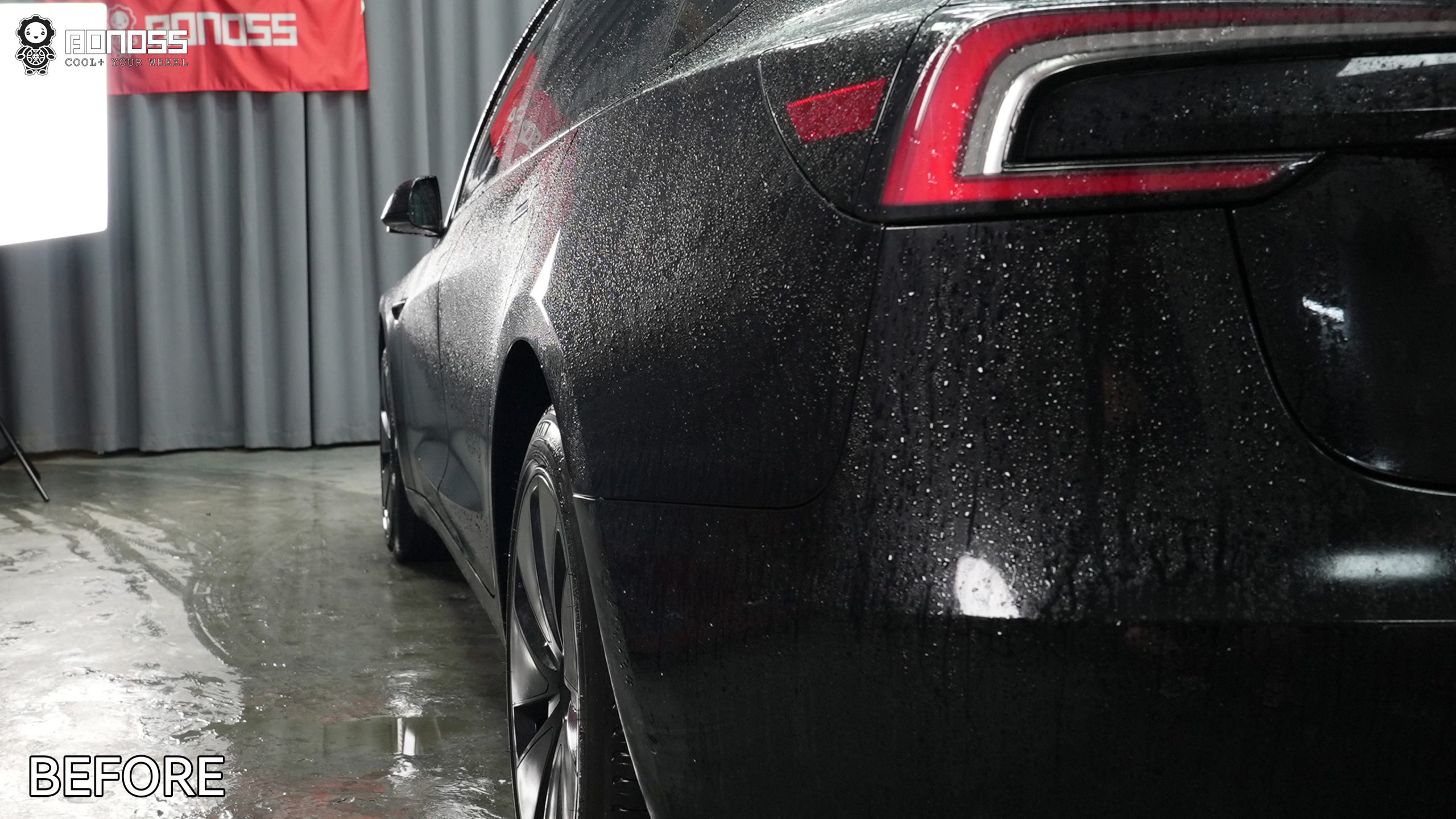 2023-tesla-model-3-18mm-wheel-spacers-left-rear-before Baseline left-rear wheel position before 2023 Tesla Model 3 18mm wheel spacers were installed.