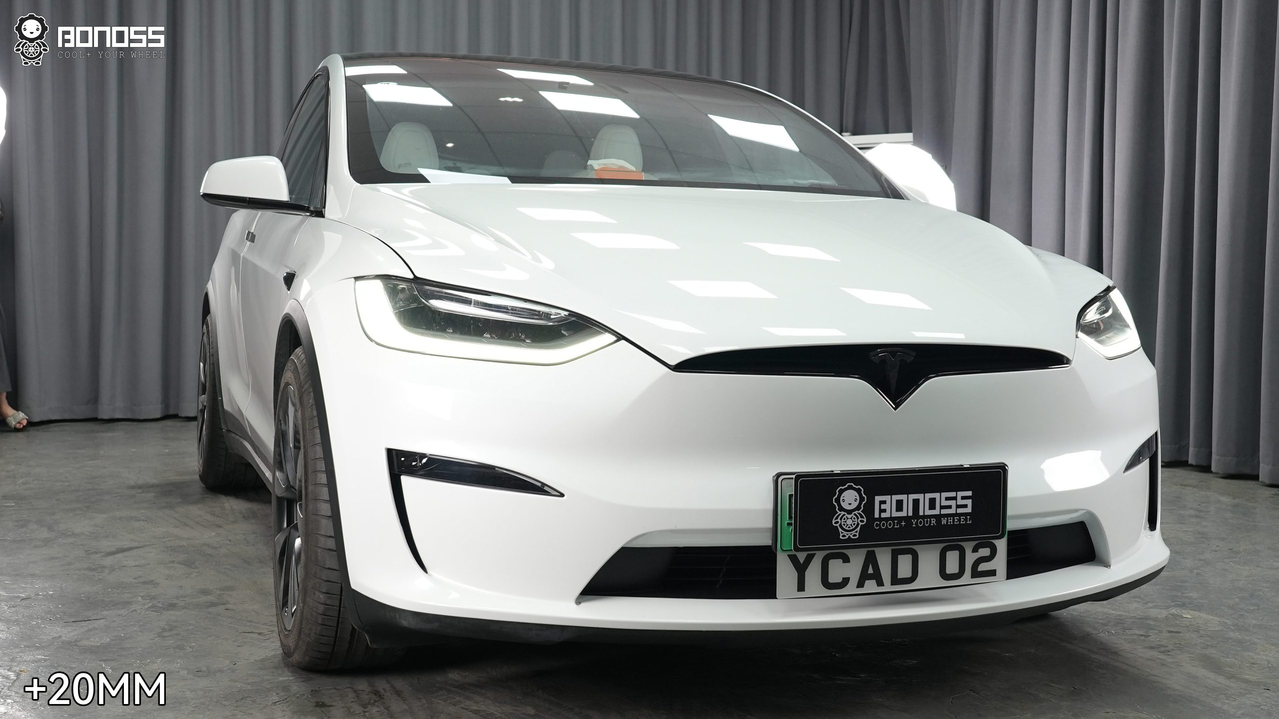 2023-tesla-model-x-full-car-view-after-20mm-spacers-installed Completed 2023 Tesla Model X stance with 20mm hub-centric spacers on all four corners.