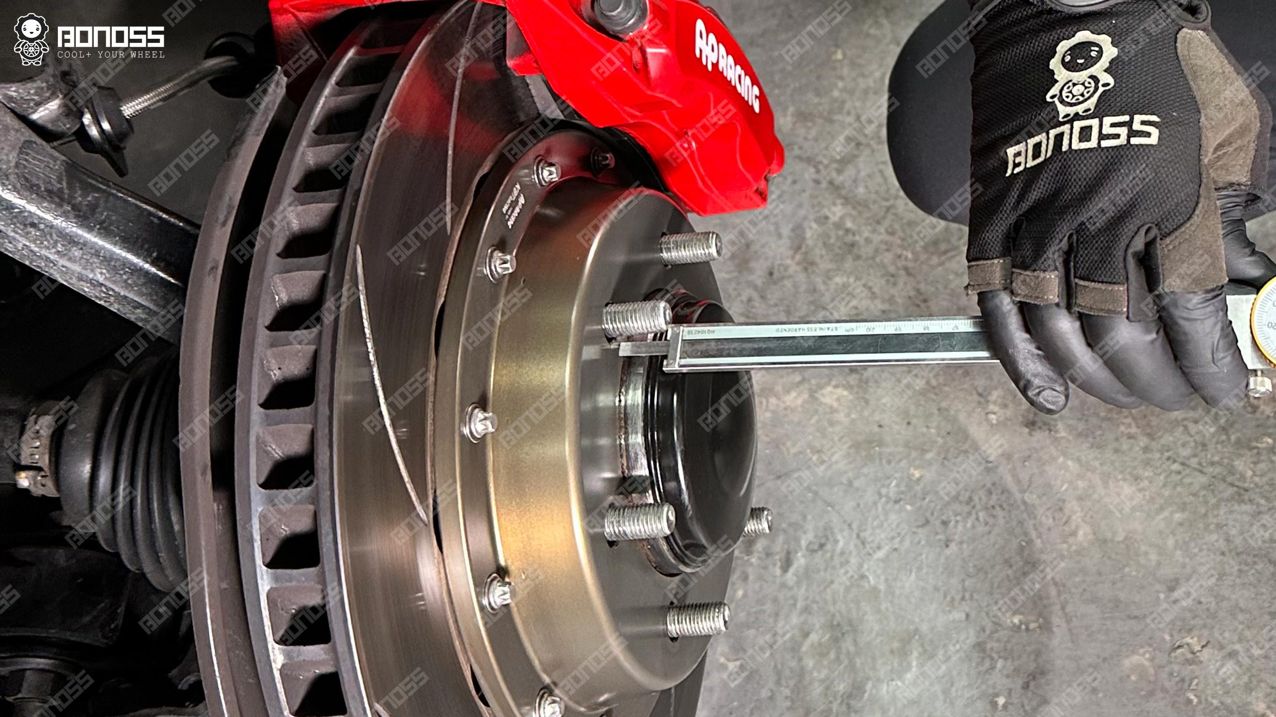 best-25mm-wheel-spacers-for-2020-lexus-gx460-stud-protrusion-caliper Caliper measurement of axle stud length confirms safe fitment for the best 25mm wheel spacers for 2020 Lexus GX460 installation.