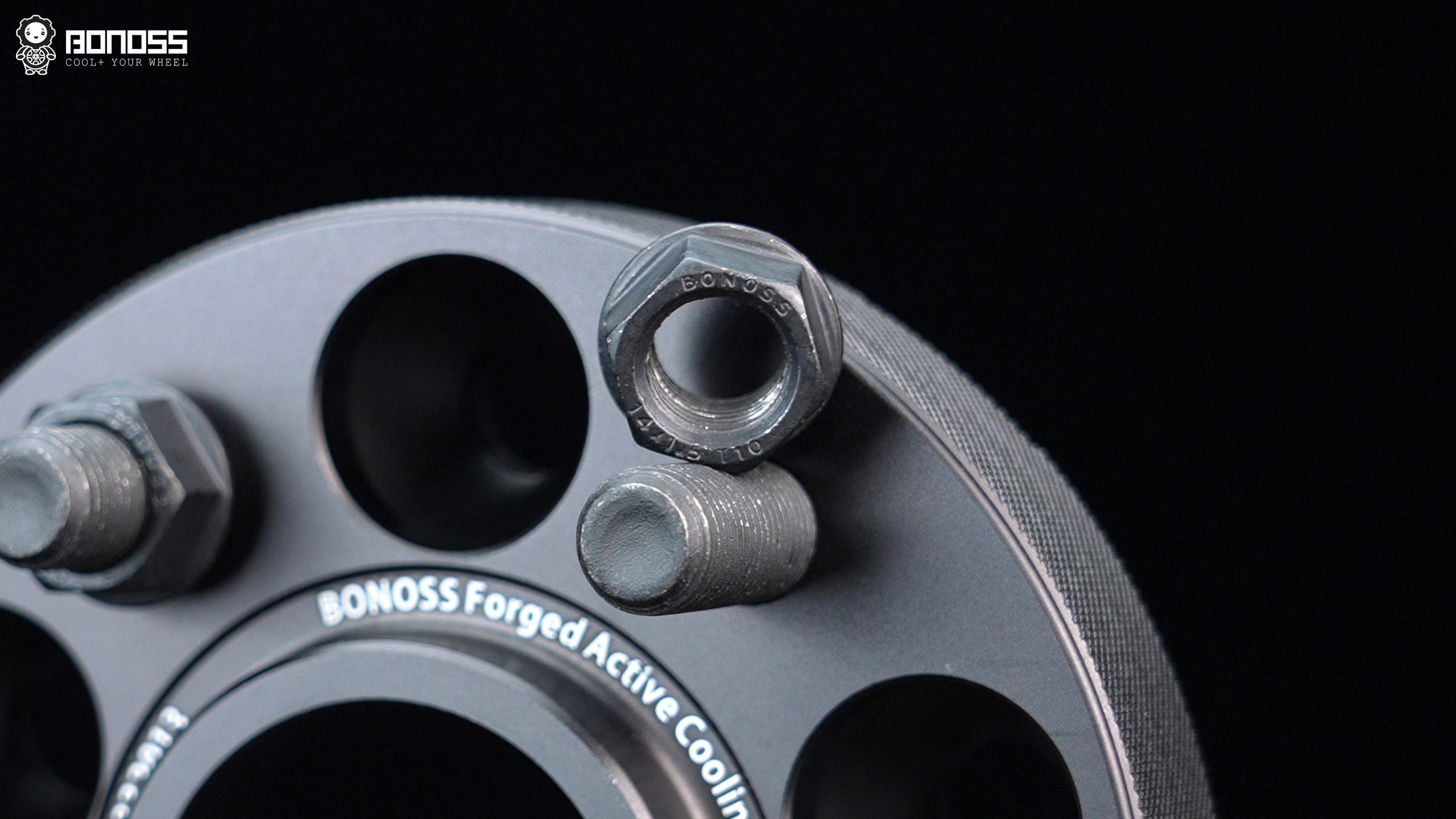 bonoss-blm-series-wheel-spacers-studs-and-nuts-closeup ISO Grade 12.9 wheel studs and Grade 10 nuts on BONOSS BLM series wheel spacers