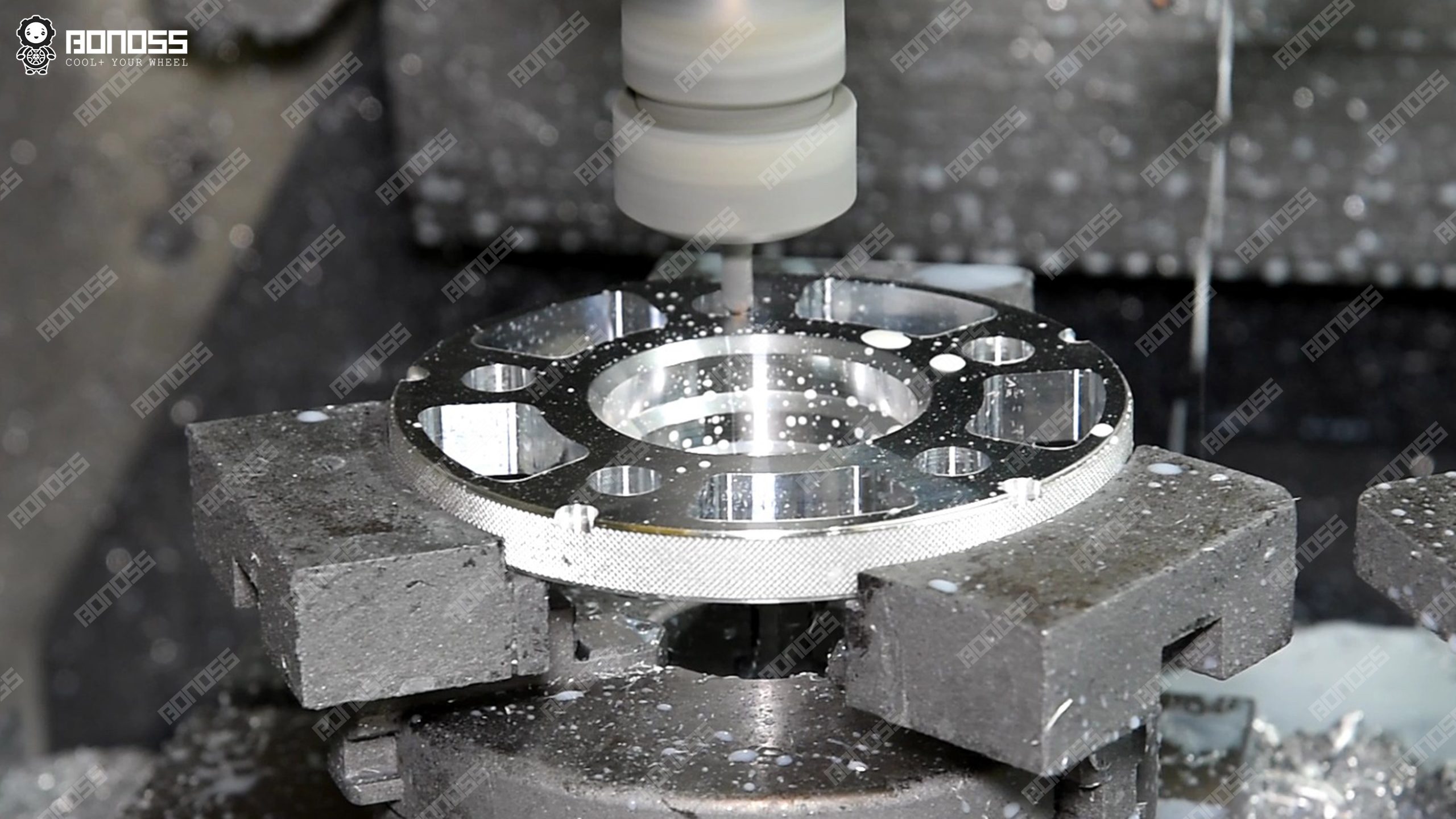 bonoss-cnc-machining-lightweight-wheel-spacers-mercedes-w213-factory CNC machining center producing lightweight wheel spacers Mercedes W213 fitments at the BONOSS factory.