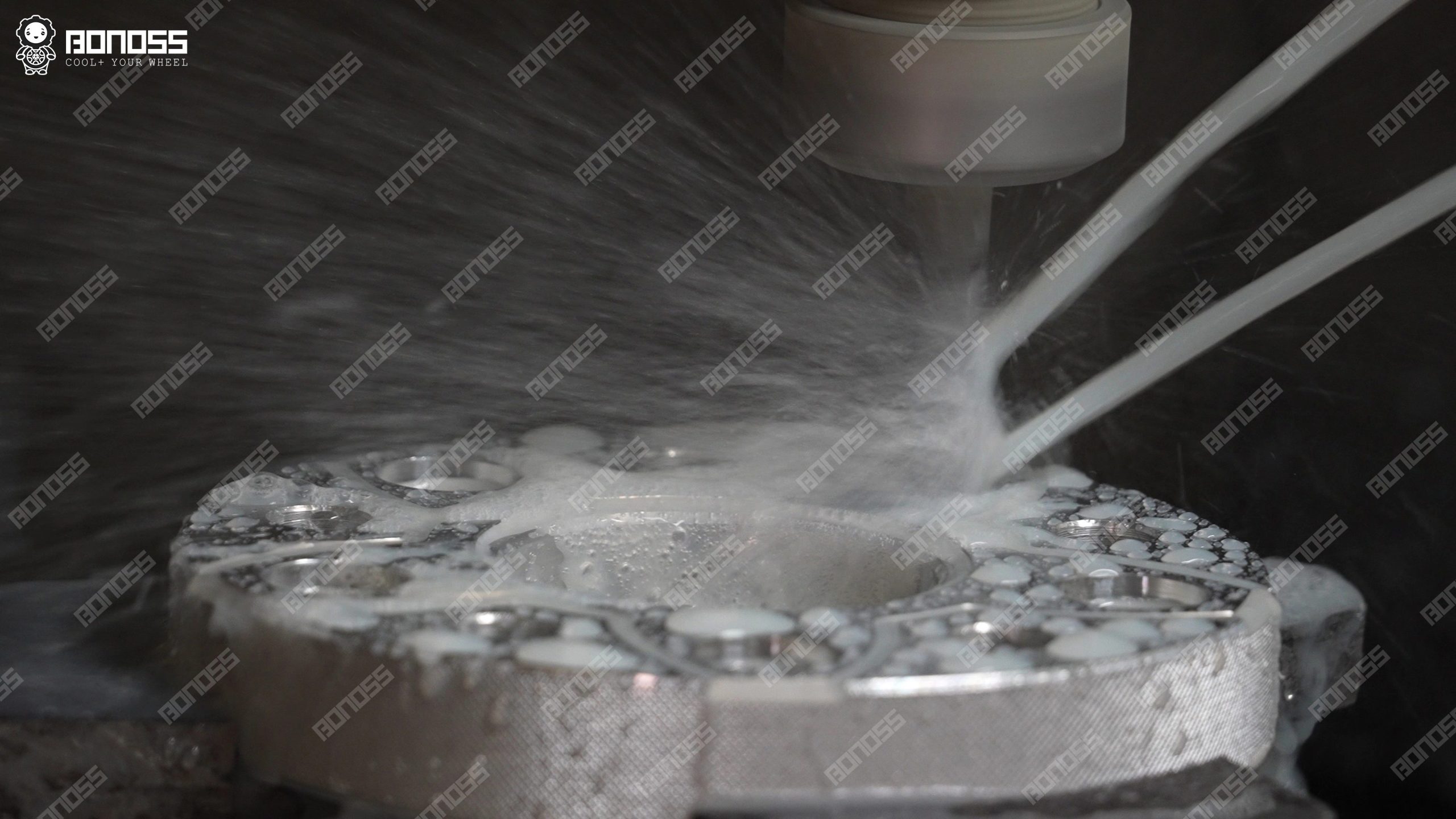 bonoss-honda-civic-type-r-spacers-cnc-machining-process CNC machining center producing BONOSS wheel spacers for Honda Civic Type R from forged aluminum billets.