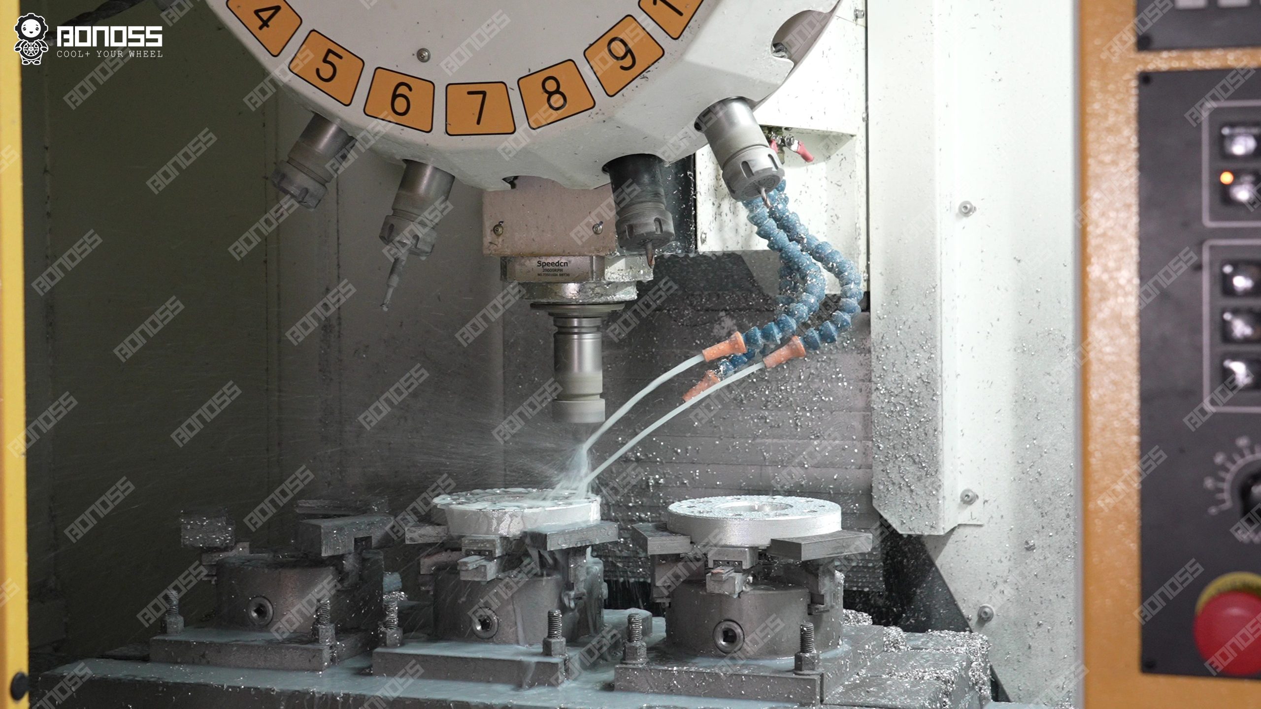 cnc-machining-bonoss-spacers-for-2023-tesla-model-x-production CNC machining of forged aluminum spacers produced for the 2023 Tesla Model X.