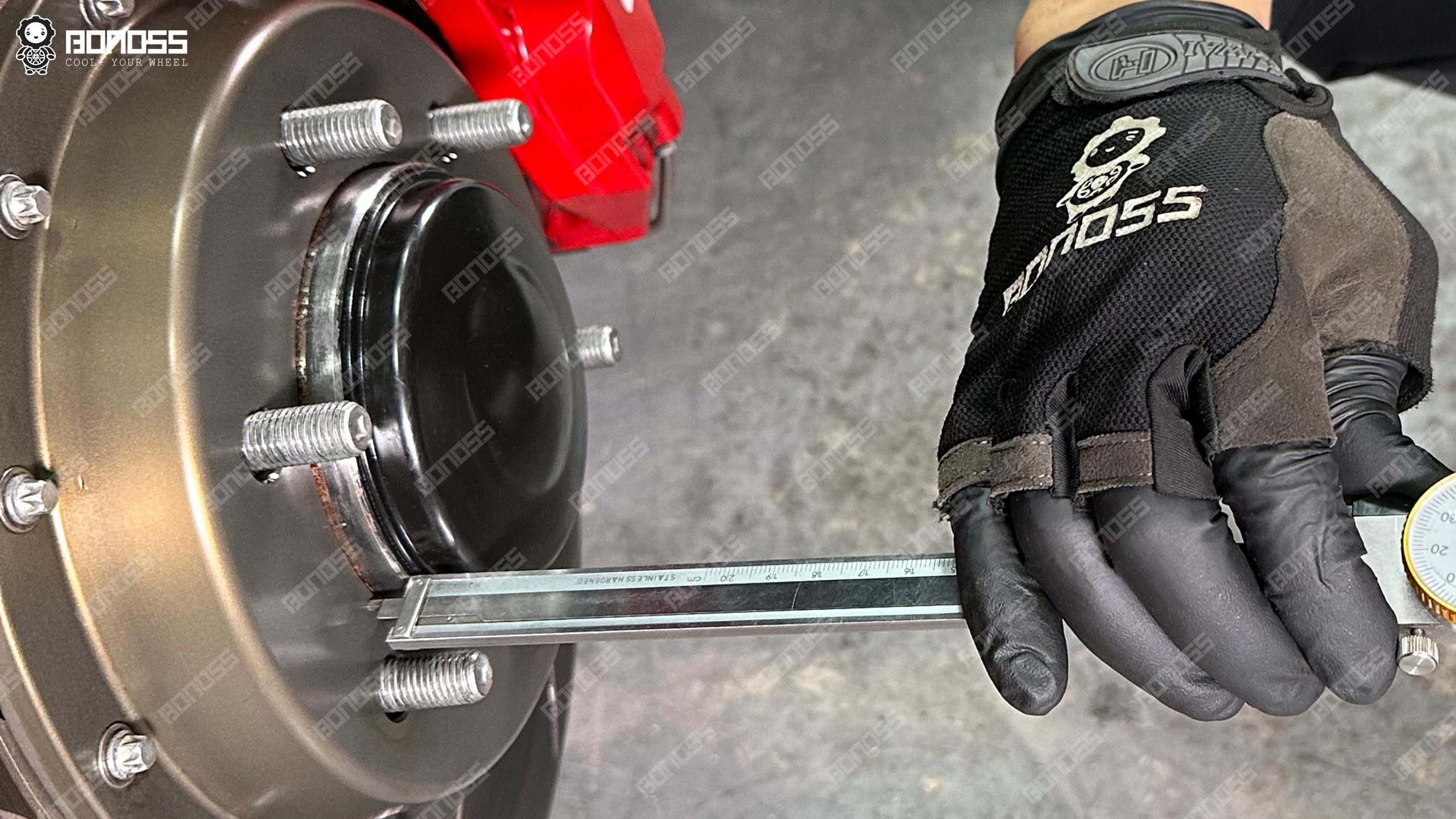 gx460-hubcentric-spacers-6×139-7-axle-hub-step-height-caliper Close-up of the caliper jaws measuring the hub step that GX460 hubcentric spacers 6x139.7 must seat against.