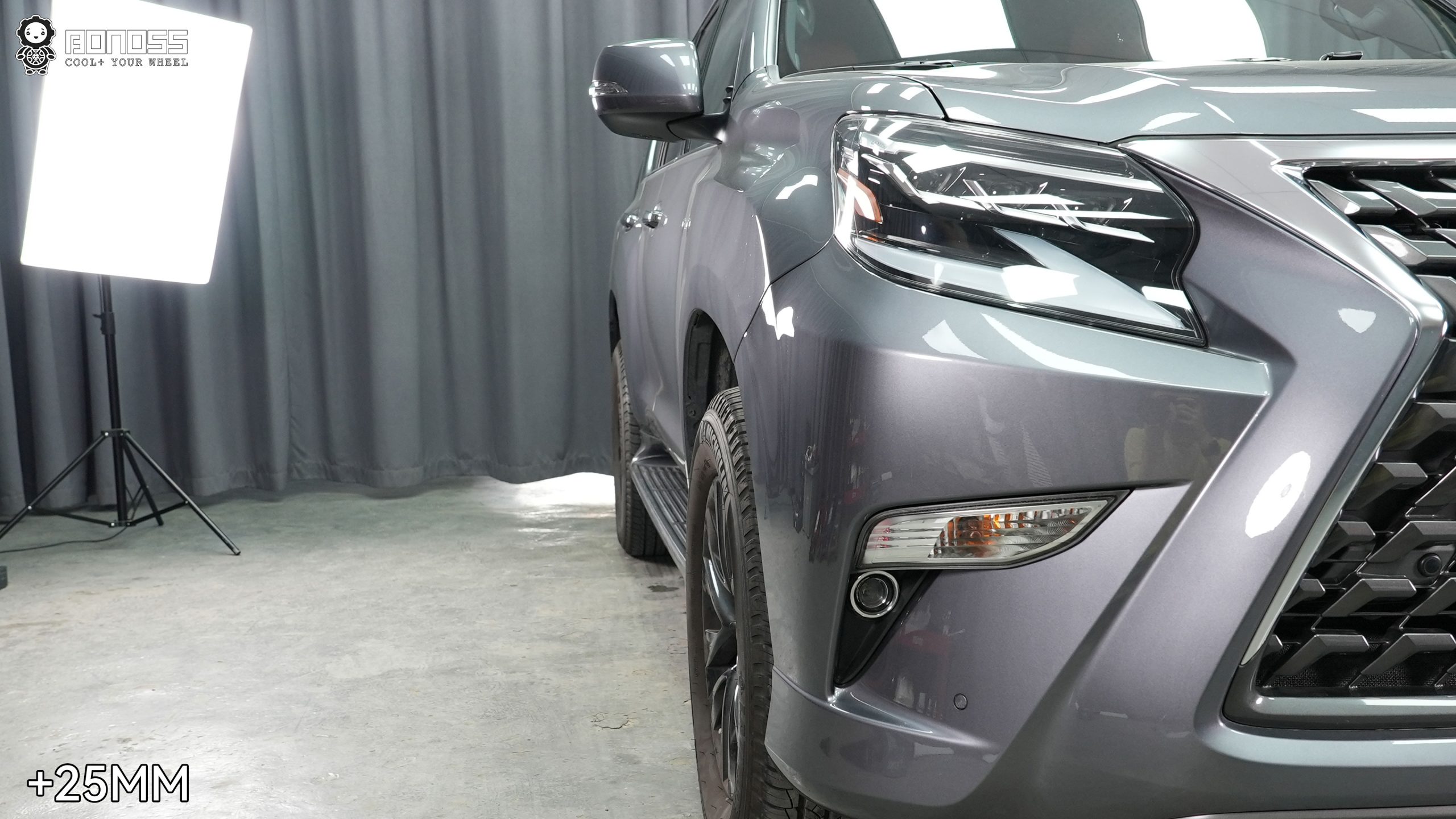 lexus-gx-25mm-spacers-before-and-after-left-front-flush-result The same left-front corner now displays a flush wheel-to-fender relationship following Lexus GX 25mm spacers before and after installation.