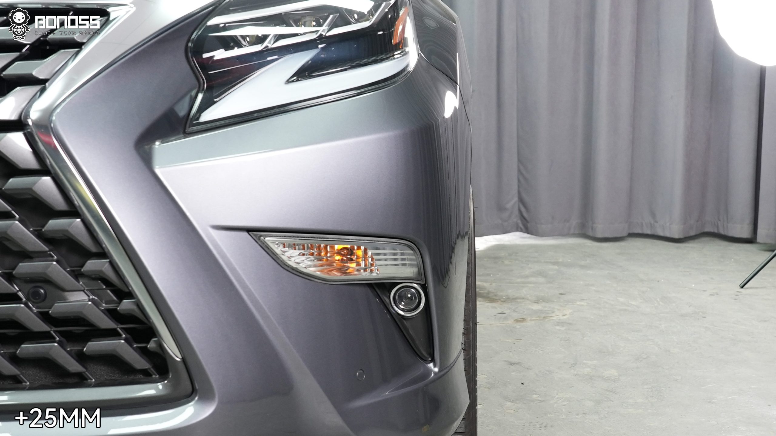 lexus-gx-25mm-spacers-front-flush-fitment Front wheel achieves a flush fender line after installing 25mm Lexus GX wheel spacers on the right side.
