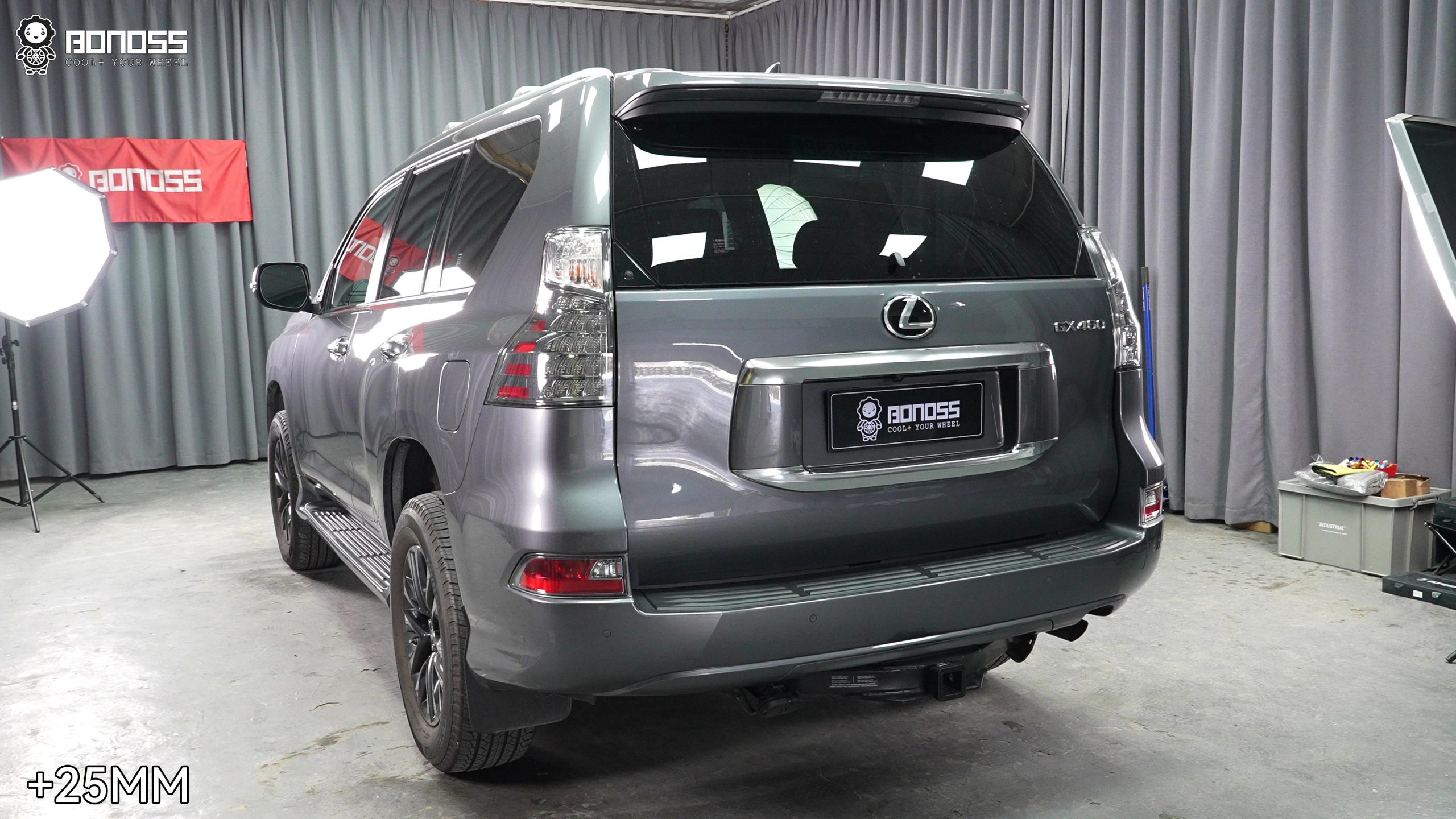 lexus-gx-rear-wheel-spacers-after-stance Transformed rear stance of a Lexus GX after adding BONOSS wheel spacers for a wider and more aggressive track appearance.