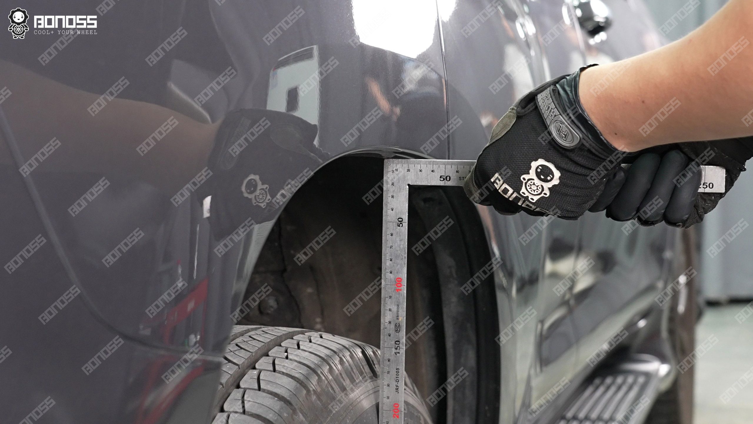 lexus-gx460-hubcentric-wheel-spacers-right-rear-flush-gap-ruler Measurement of the right-rear wheel clearance determines the thickness for Lexus GX460 hubcentric wheel spacers on Rick's J150 truck.