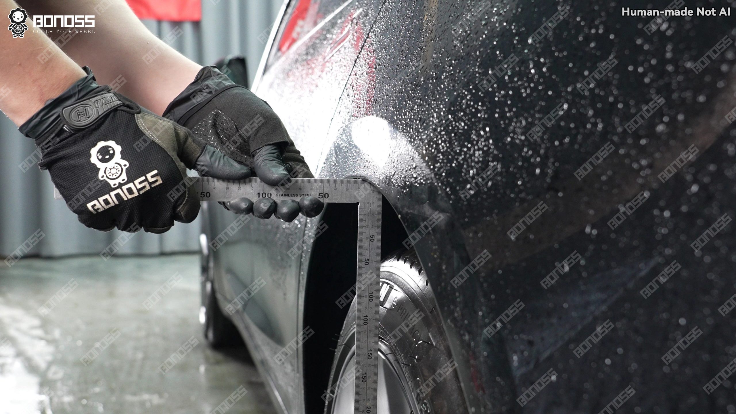 model-3-18mm-wheel-spacers-rear-flush-gap-measurement Measuring rear fender clearance to size Model 3 18mm wheel spacers for a flush result.