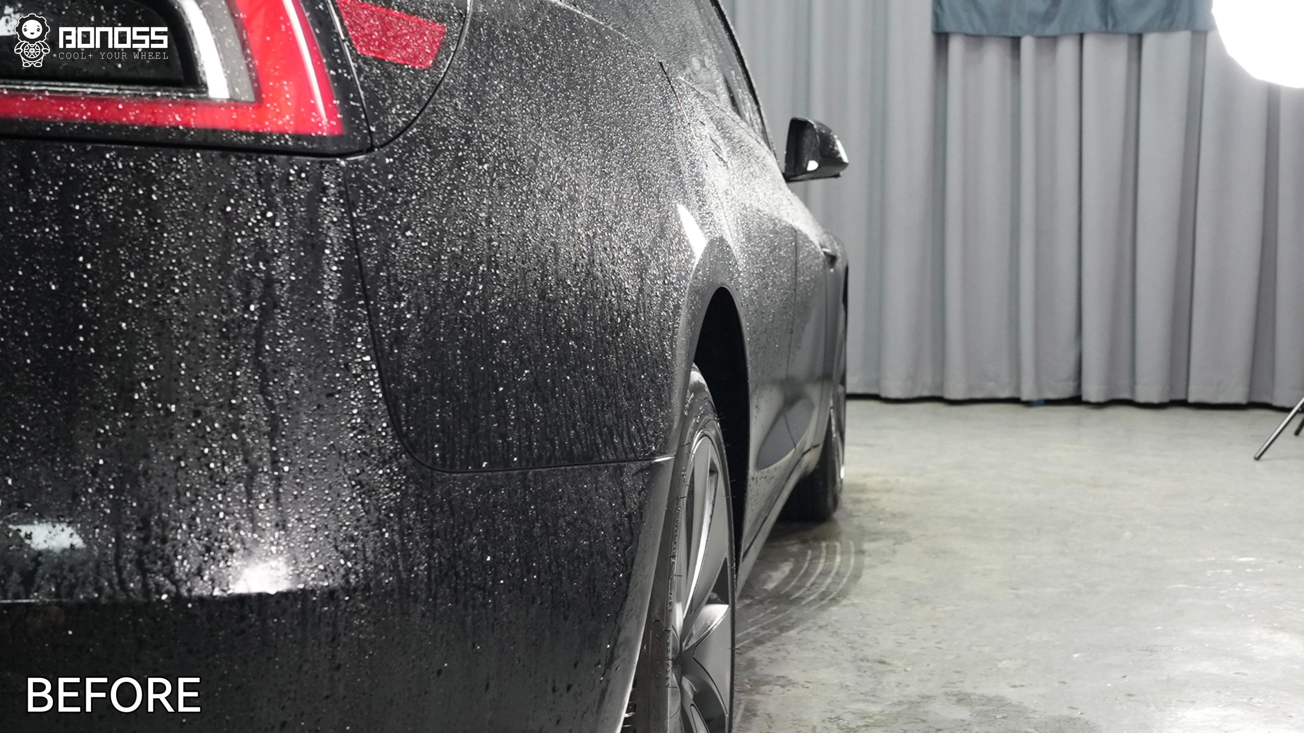model-3-18mm-wheel-spacers-right-rear-before-fitment Right-rear original fitment reference ahead of Model 3 18mm wheel spacers installation.