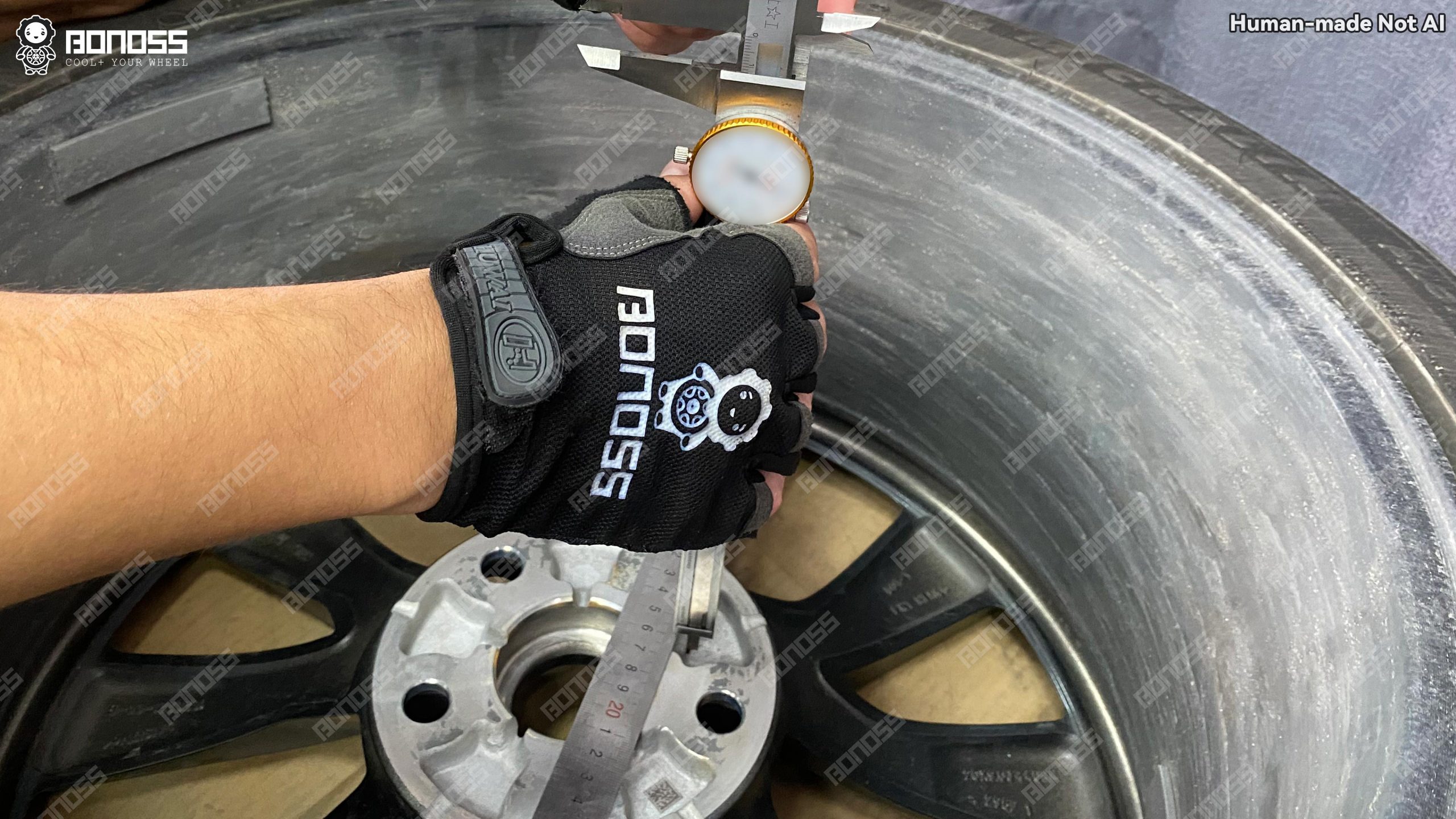 vernier-caliper-checks-wheel-pocket-depth-on-2023-tesla-model-x Measuring 11.26mm wheel pocket depth on a factory 2023 Tesla Model X rim.