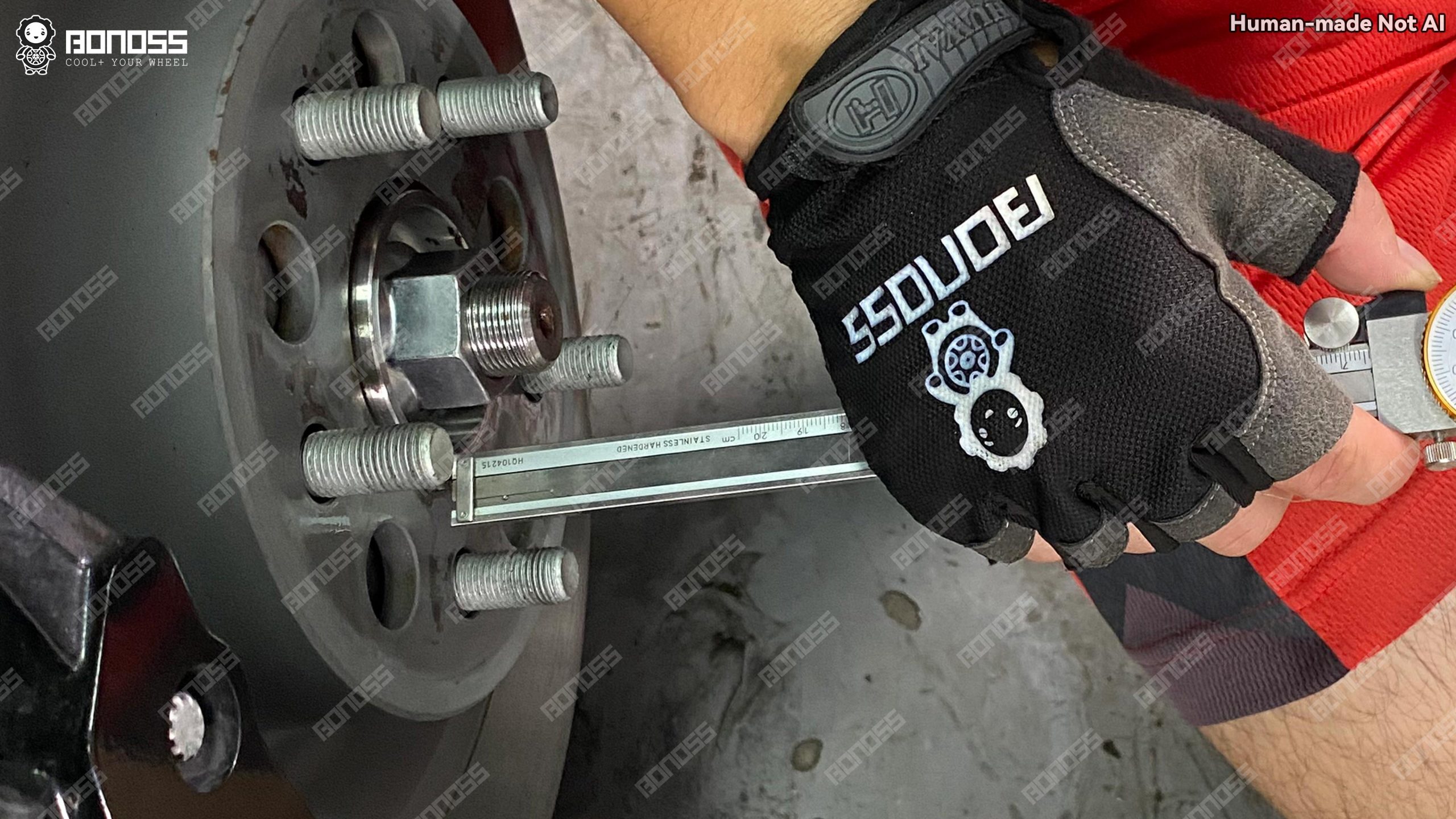 vernier-caliper-measures-hub-step-height-on-2023-tesla-model-x Caliper verifying the 3.65mm hub lip height used to center spacers on a 2023 Tesla Model X.